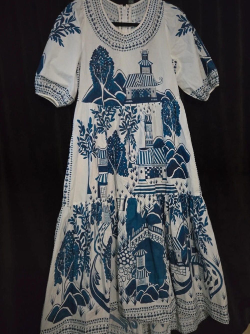 FARM RIO CHINOISERIE ENCHANTED GARDEN MIDI DRESS BLUE SMALL - Picture 6 of 9